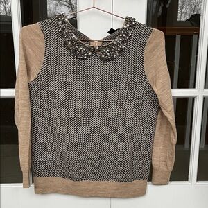 J. Crew COLLECTION Herringbone Wool and Alpaca Bejeweled Neck Sweater